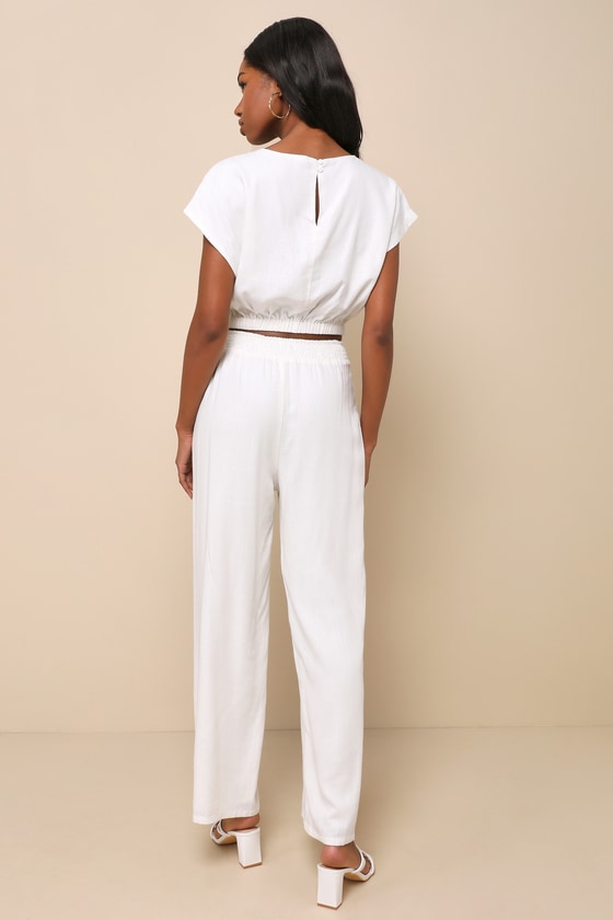 Ivory Linen Jumpsuit - 2-PC Jumpsuit - Short Sleeve Jumpsuit - Lulus