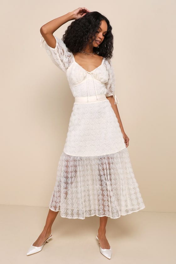 Ideal Adoration Cream Tulle Swiss Dot Rosette Midi Skirt 1