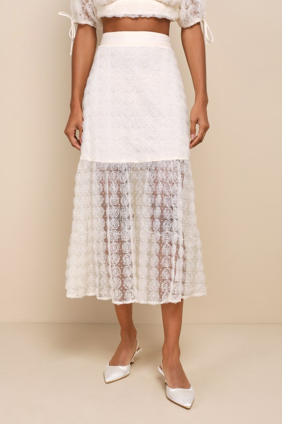 Ideal Adoration Cream Tulle Swiss Dot Rosette Midi Skirt 2
