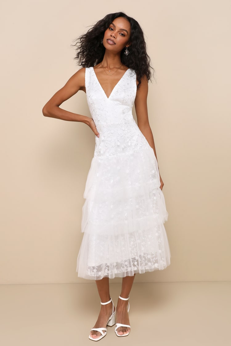 floral-embroidered tulle midi dress Mac Duggal - Yellow Embroidered Tulle A-Line Midi Dress