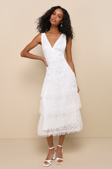 Confidently Gorgeous Ivory Tulle Embroidered Backless Midi Dress