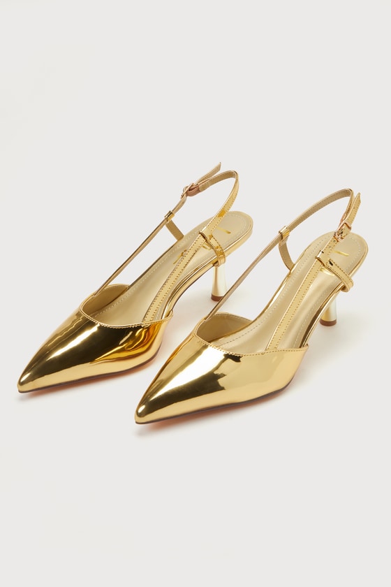 Shop Lulus Narcissa Gold Patent Pointed-toe Slingback Kitten Heel Pumps