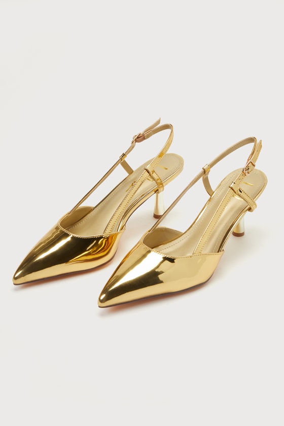 Narcissa Gold Patent Pointed-Toe Slingback Kitten Heel Pumps 4