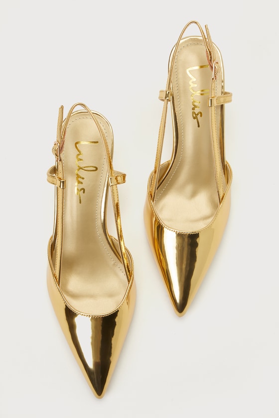 Shop Lulus Narcissa Gold Patent Pointed-toe Slingback Kitten Heel Pumps