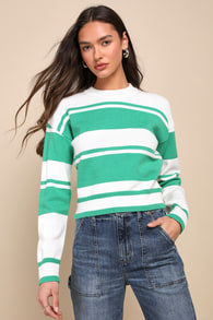 Vital Style White and Green Striped Crewneck Sweater