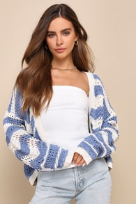Breezy Layer Blue and Ivory Striped Crochet Open-Front Cardigan