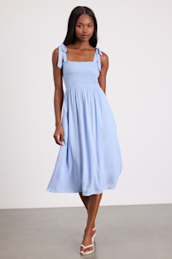 Looking Up Light Blue Smocked Tie-Strap Midi Dress 2