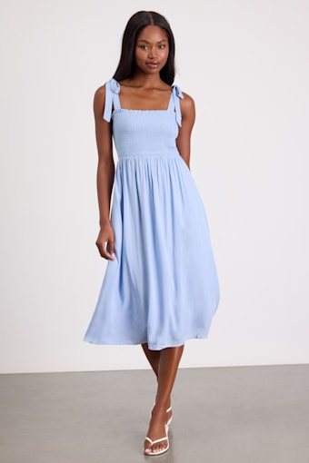 Looking Up Light Blue Smocked Tie-Strap Midi Dress 2