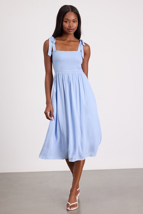 Looking Up Light Blue Smocked Tie-Strap Midi Dress 2
