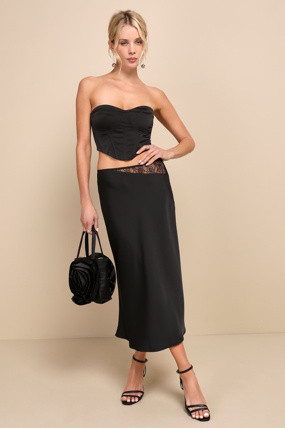 Chic Black Midi Skirt - Satin Slip Skirt - Lace Satin Midi Skirt - Lulus
