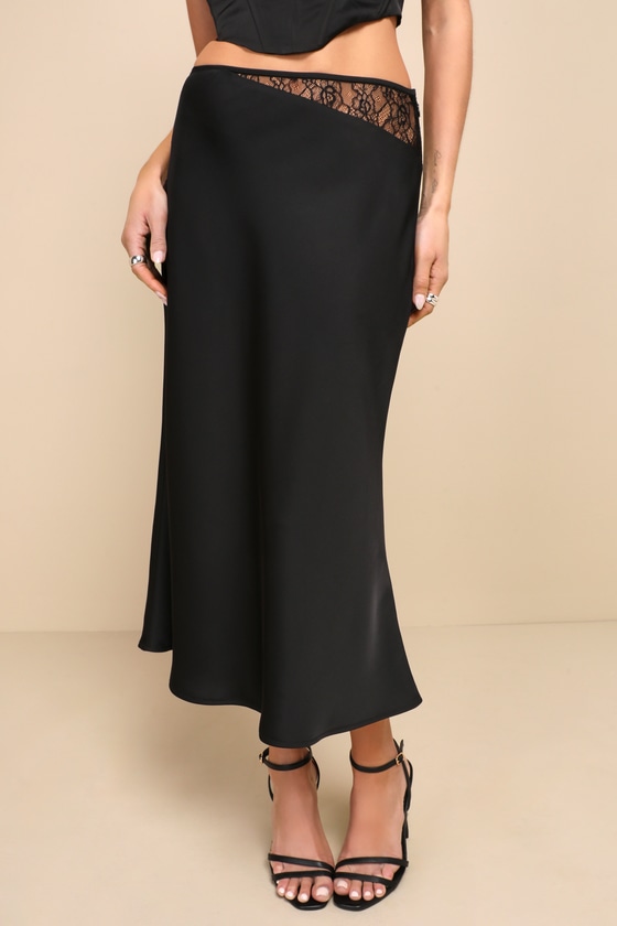 Chic Black Midi Skirt - Satin Slip Skirt - Lace Satin Midi Skirt - Lulus