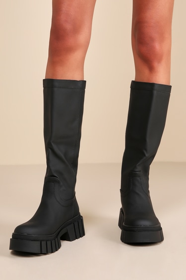 Jainna Black Platform Lug Sole Knee-High Boots