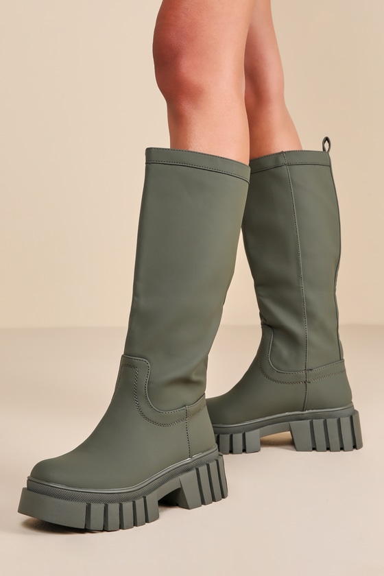 Green KneeHigh Boots Platform Lug Sole Boots SlipOn Boots Lulus