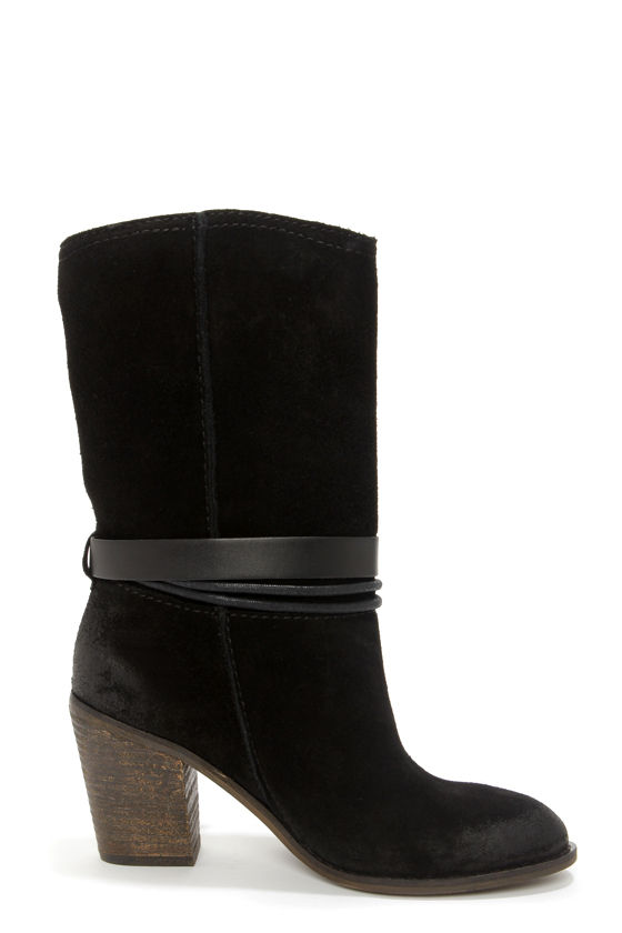 black high heel mid calf boots