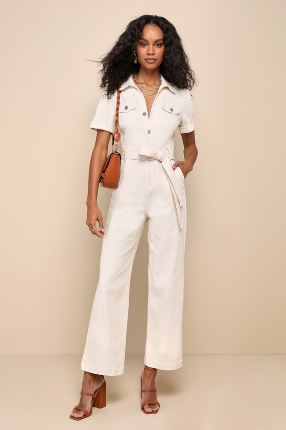 Shop Lulus Practical Perfection Ivory Twill Short Sleeve Jumpsuit