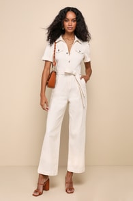 Practical Perfection Ivory Twill Short Sleeve Jumpsuit