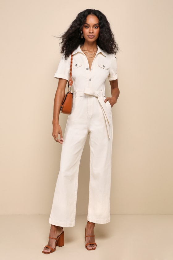 Ivory Twill Jumpsuit Short Sleeve Jumpsuit Collared Jumpsuit Lulus