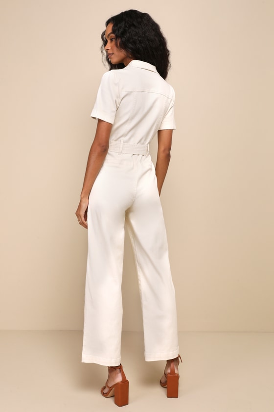 Shop Lulus Practical Perfection Ivory Twill Short Sleeve Jumpsuit