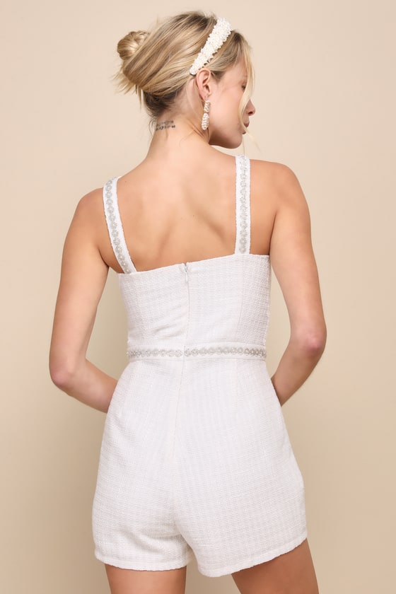 Lulus Upscale Charm Ivory Tweed Pearl Beaded Cutout Bow Romper In Ivory