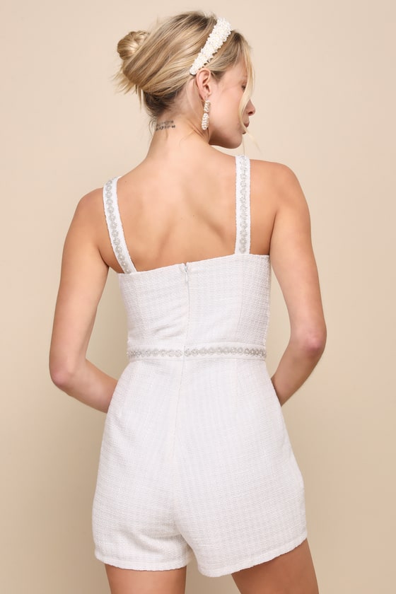 Shop Lulus Upscale Charm Ivory Tweed Pearl Beaded Cutout Bow Romper