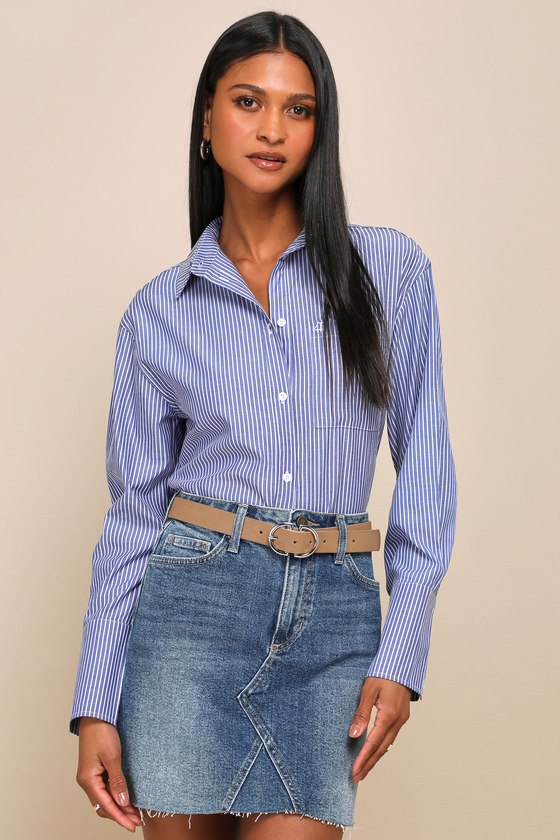 Shop 4th & Reckless Haleema Blue Striped Collared Button-up Top
