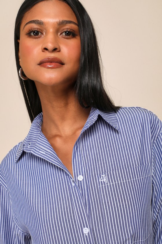 Shop 4th & Reckless Haleema Blue Striped Collared Button-up Top