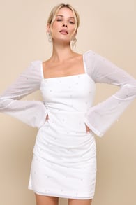 Flirty Luxury Ivory Mesh Pearl Long Sleeve Mini Dress