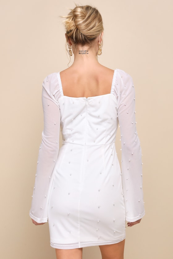 Lulus Flirty Luxury Ivory Mesh Pearl Long Sleeve Mini Dress In Ivory