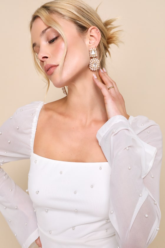 Lulus Flirty Luxury Ivory Mesh Pearl Long Sleeve Mini Dress In Ivory