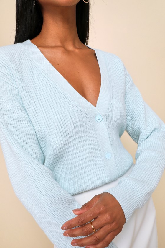 Lulus Toasty Babe Light Blue Knit Button-up Cropped Cardigan In Light Blue