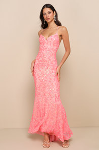 Limitless Glamour Coral Pink Sequin Lace-Up Maxi Dress