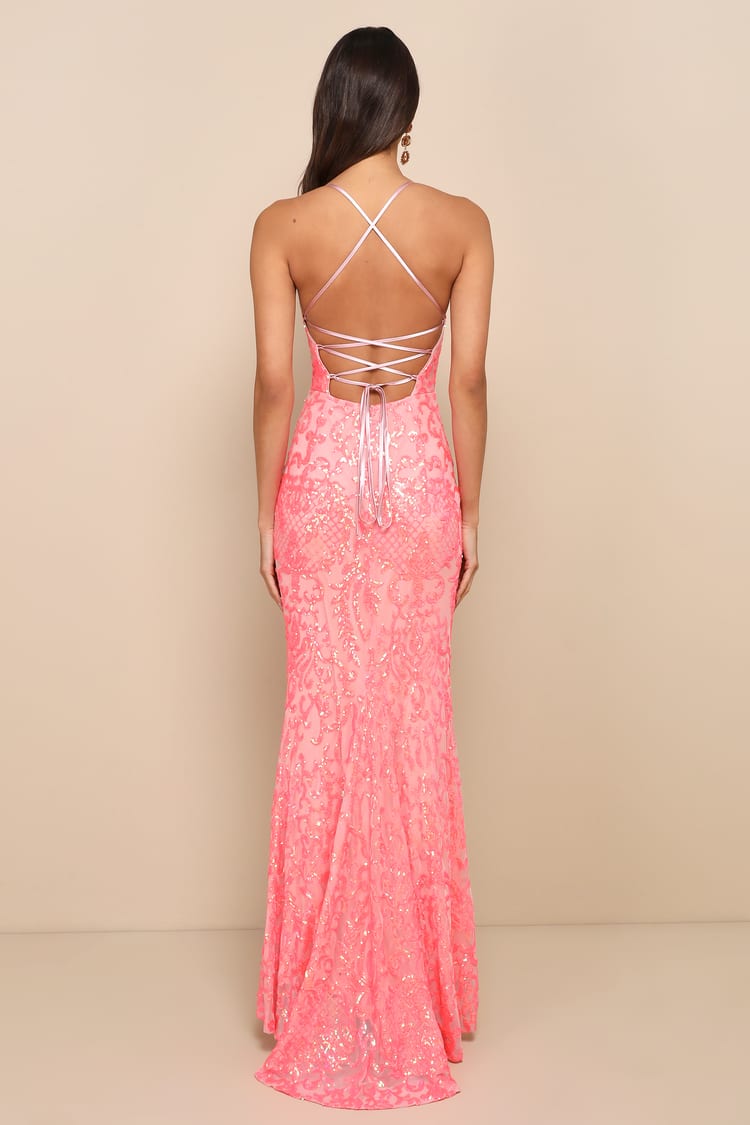 Limitless Glamour Coral Pink Sequin Lace-Up Maxi Dress