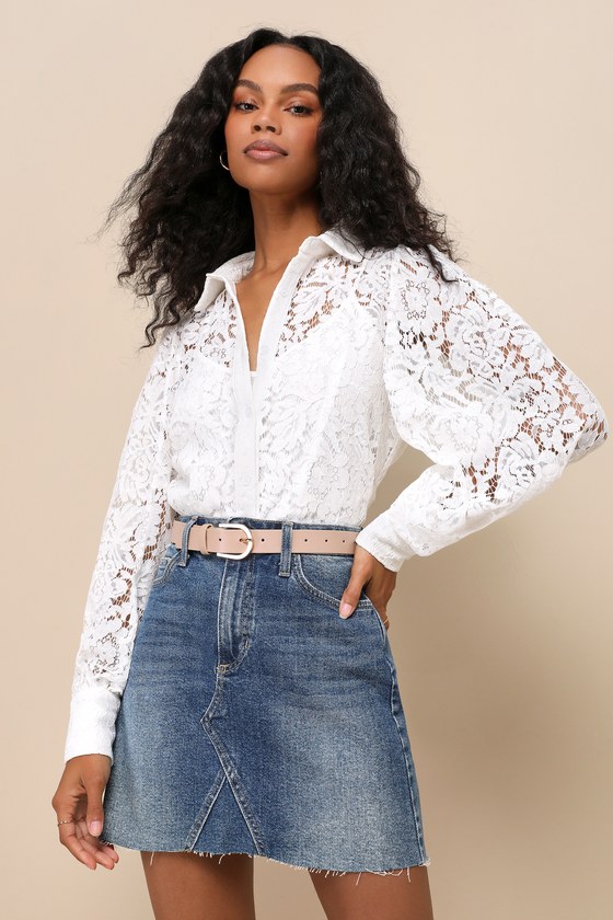 Delicate Perfection Ivory Sheer Lace Long Sleeve Button-Up Top 1