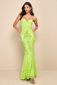 Limitless Glamour Lime Green Sequin Lace-Up Maxi Dress