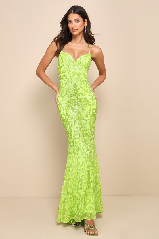 Limitless Glamour Lime Green Sequin Lace-Up Maxi Dress 1
