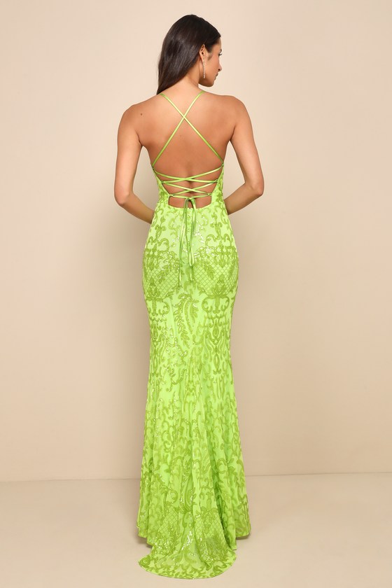 LULUS LIMITLESS GLAMOUR LIME GREEN SEQUIN LACE-UP MAXI DRESS 
