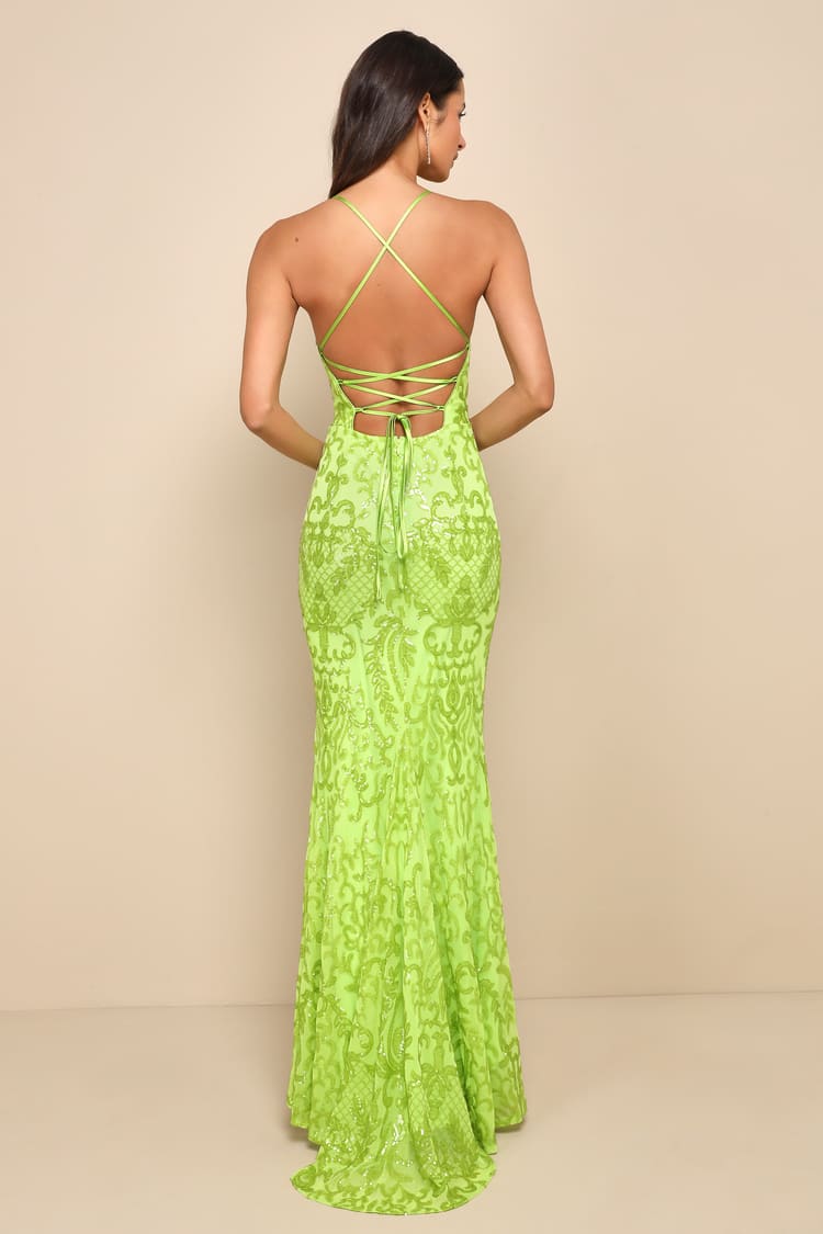 Lime Green Sequin Dress - Lace-Up Maxi Dress - Sequin Maxi Dress - Lulus