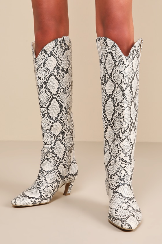 Xanthia Cream Snake Print Knee High Boots