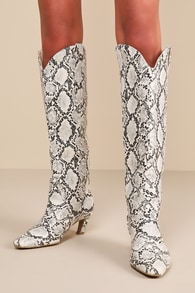 Xanthia Cream Snake Print Knee-High Boots