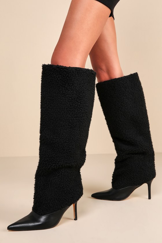 Shop Lulus Yetty Black Faux Fur Pointed-toe Knee-high Boots