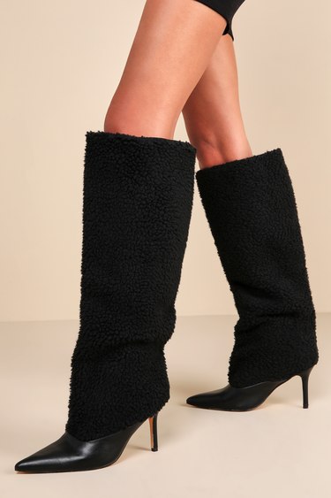 Yetty Black Faux Fur Pointed-Toe Knee-High Boots
