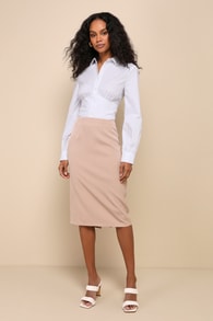 Elevated Inclinations Taupe Twill High Waisted Midi Skirt