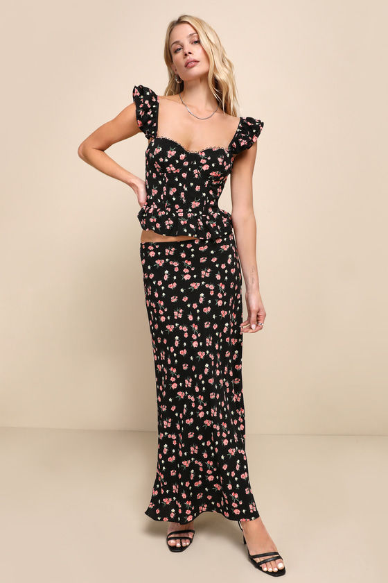 Lulus Romantic Charisma Black Floral High-rise Midi Skirt In Black
