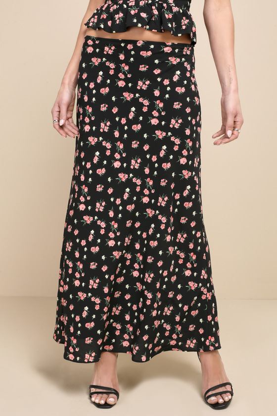 Lulus Romantic Charisma Black Floral High-rise Midi Skirt In Black