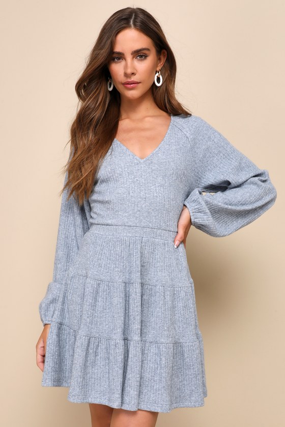 Shop Lulus Adorable Option Heather Blue Long Sleeve Mini Sweater Dress