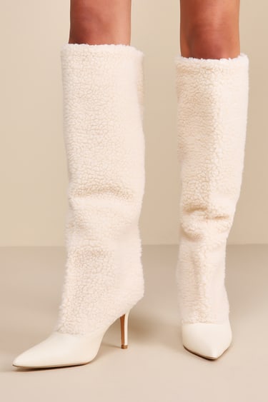 Yetty Cream Faux Fur Pointed-Toe Knee-High Boots