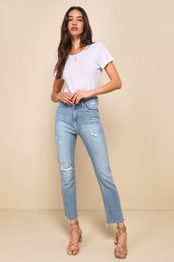 Extra Trendy Distressed Light Wash High-Waisted Slim Leg Jeans