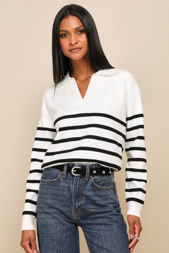 Ivory and Black Striped Sweater - Collared Sweater - Sweater Top - Lulus