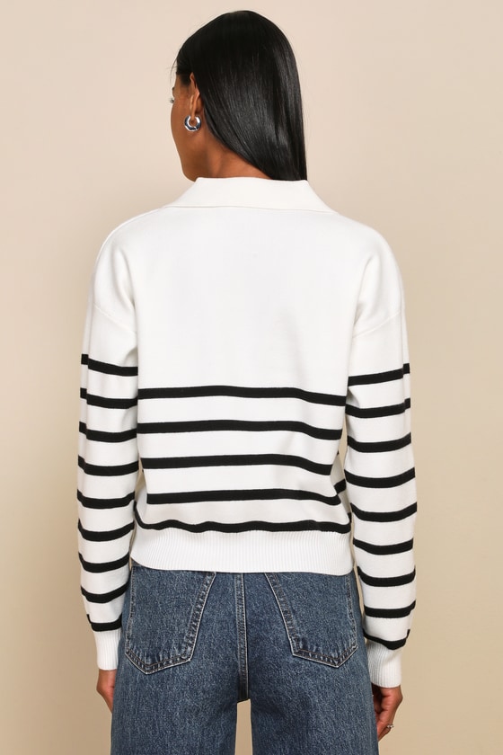 Ivory and Black Striped Sweater - Collared Sweater - Sweater Top - Lulus
