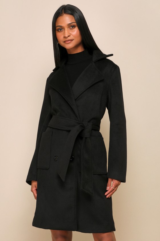 Black Double Breasted Coat - Belted Coat - Belted Long Coat - Lulus